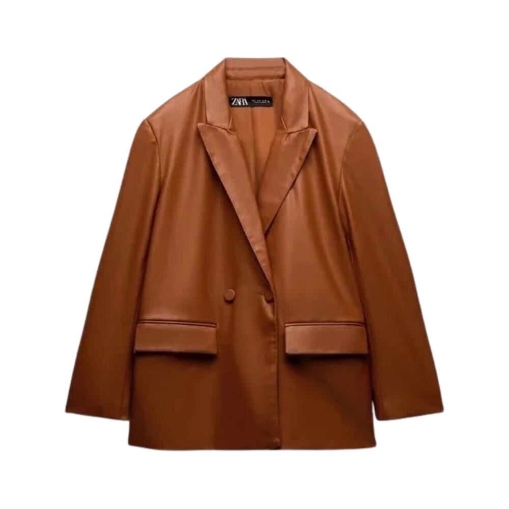 Zara Faux Vegan Leather Oversized Boyfriend Brown Cognac Blazer Jacket XS